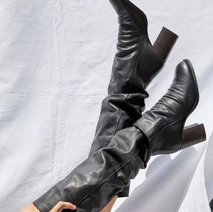 Free People Collection Elle Knee High Boots Black Leather Slouchy Sz 37 & 39 NWT